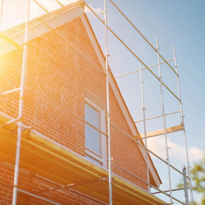 The side of a house with scaffolding erected and the sun shining to the left of the image