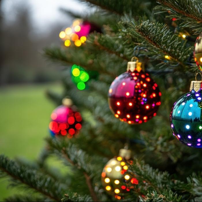 Bauble on a christmas tree outdoors with grass in background