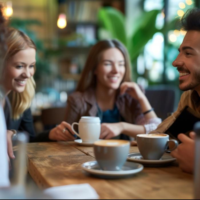 Group of friends having coffee and socialising